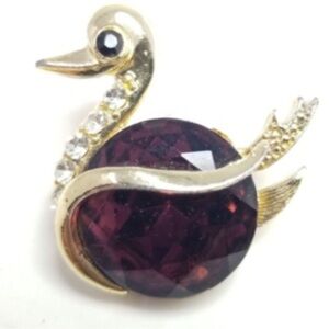 Vintage Purple Rhinestone Swan Goose Duck Shaped Bird Brooch Lapel Pin, Retro